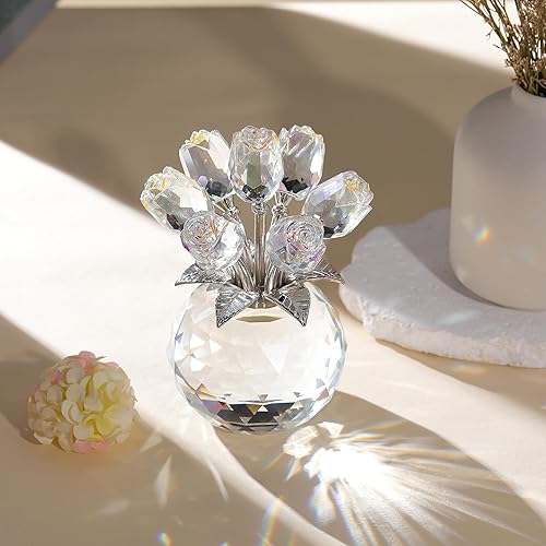 Miniatura 5 de Figura de cristal de rosa transparente con jarrón, adorno de ramo de flores, regalo para esposa, novia, mujer, flor de cristal hecha a mano,