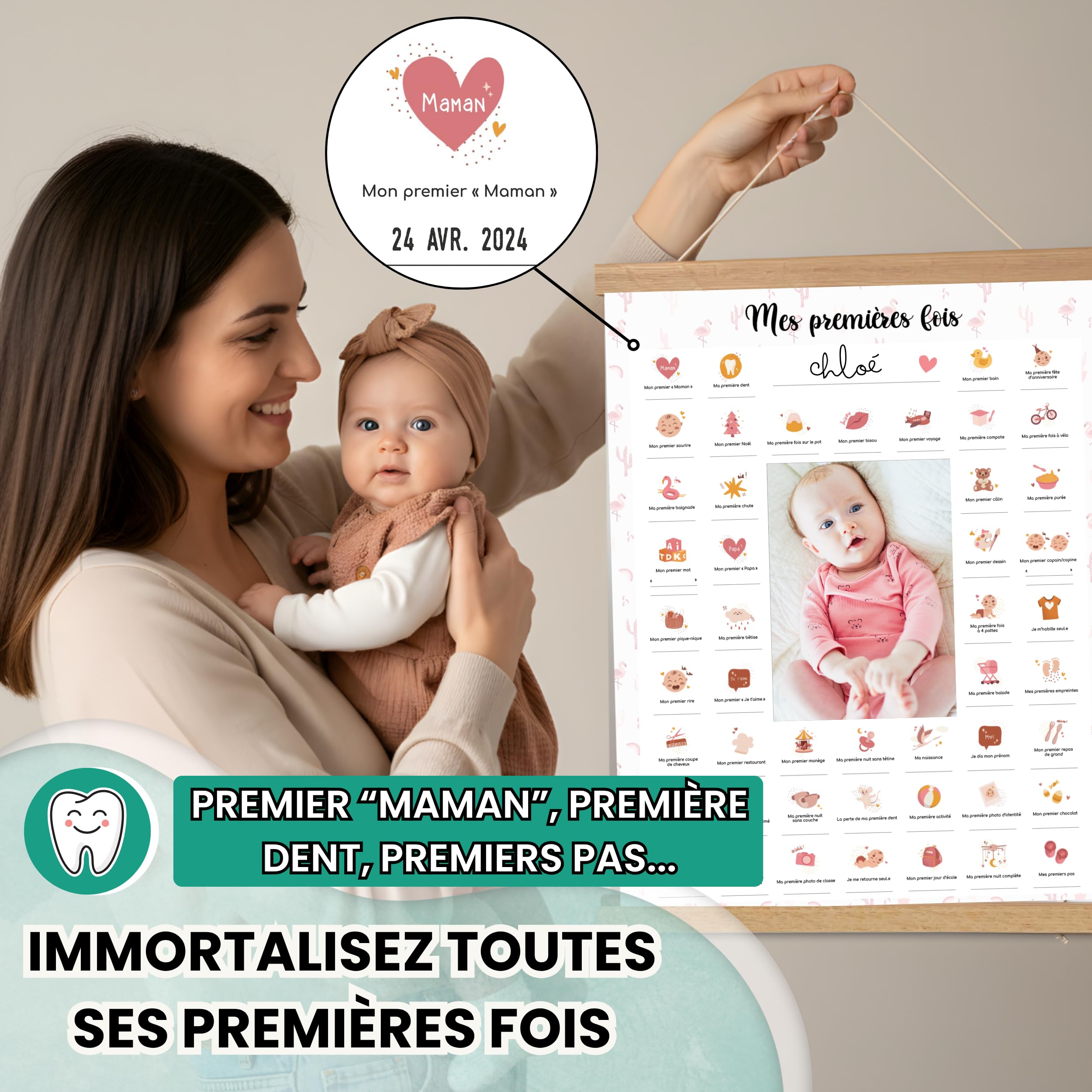 Affiche "Mes Premières Fois" à Tamponner, Cadeau de Naissance Bébé, Souvenir, Decoration Chambre Bebe, Baguettes, Kit Empreinte Bébé, Cadeau Jeune Maman, Grand Format A3 (Modèle FLAMANT ROSE)