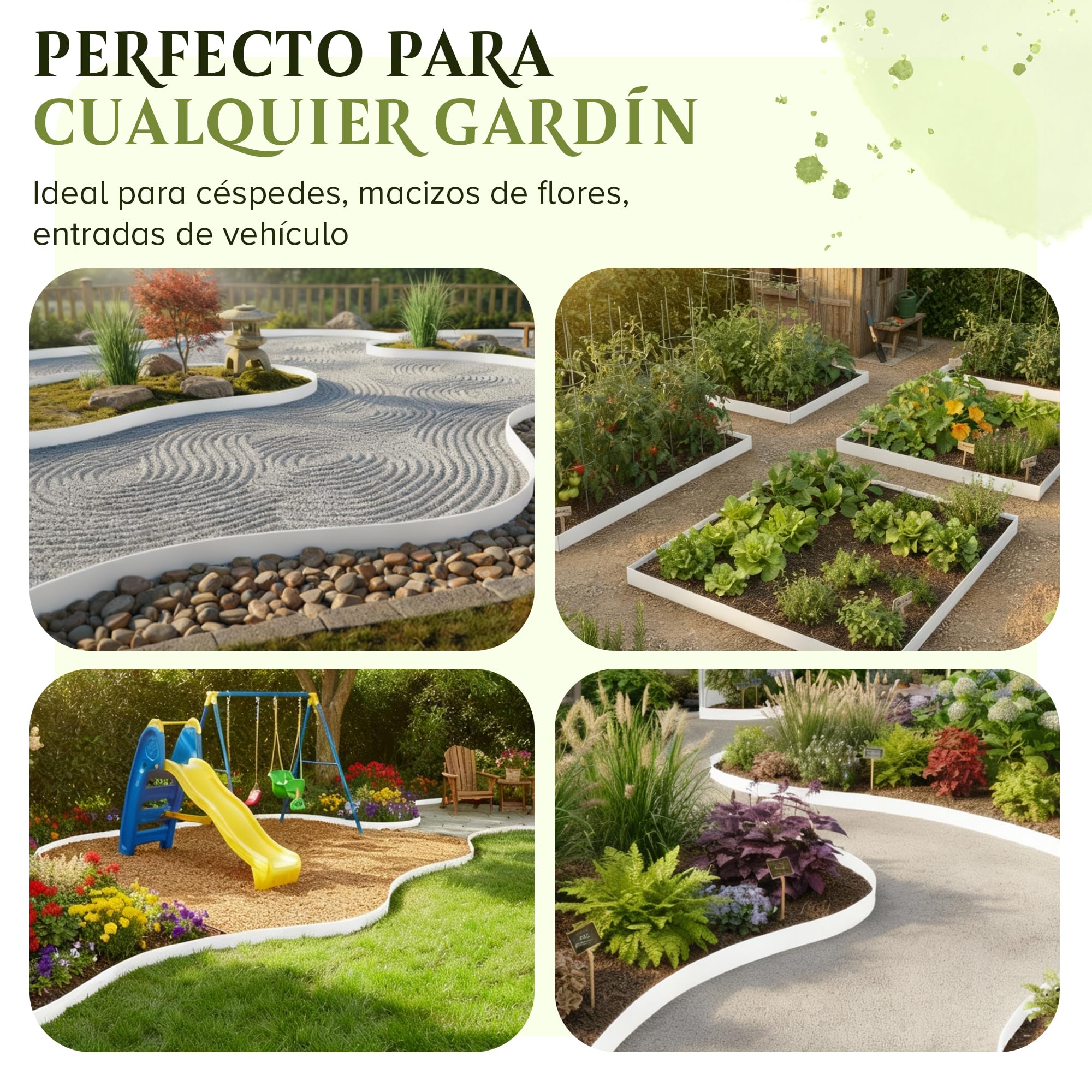 Borde Flexible para césped (10 m, 40 Anclajes de Tierra, 6 cm de Altura), plástico Blanco, Resistente a la Intemperie, Borde Redondo, bordillo Redondo para césped, remate de Corte