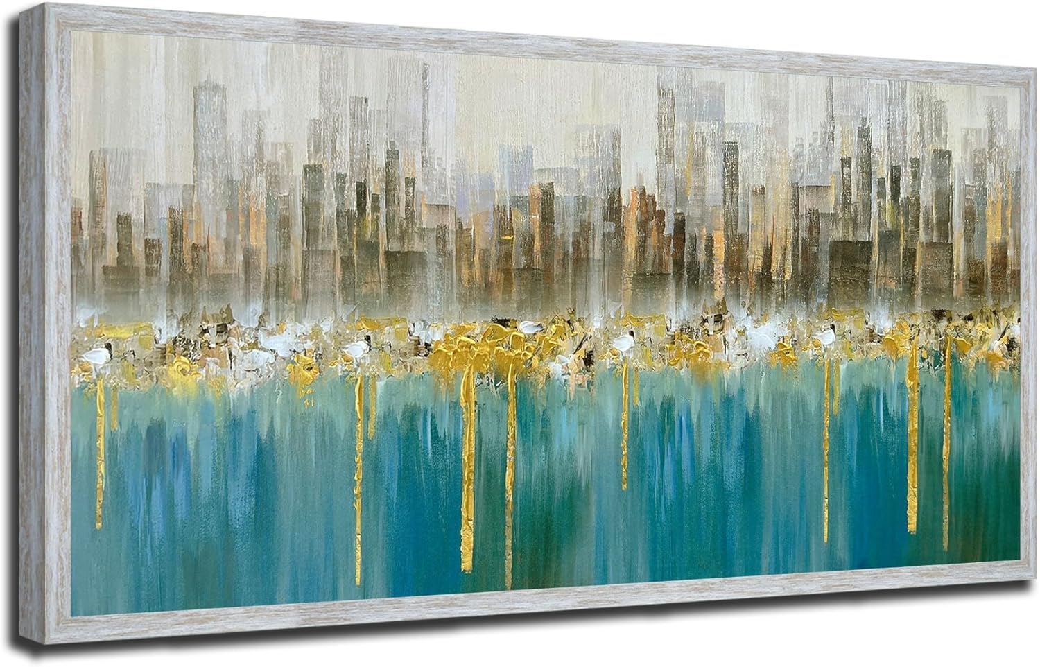 Ardemy Teal Abstract Cityscape Canvas Wall Art Modern Gold Painting Blue Grey Textured Picture Turquoise Artwork for Living Room Bedroom Home Office Wall Decor, Large Wood Grain Framed 40"x20" 40"x20"?Wood Grain Framed) Teal abstract painting