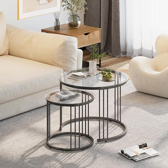 Huhote Round Coffee Tables, Set of 2 End Table, Nesting Tables, Side Table with Metal Frame for Living Room/Bedroom/Balcony/Office/Apartment, Diameter 23.6/15.7 IN (Black with Clear Glass)