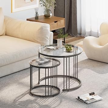 Huhote Round Coffee Tables, Set of 2 End Table, Nesting Tables, Side Table with Metal Frame for Living Room/Bedroom/Balcony/Office/Apartment, Diameter 23.6/15.7 IN (Black with Clear Glass)