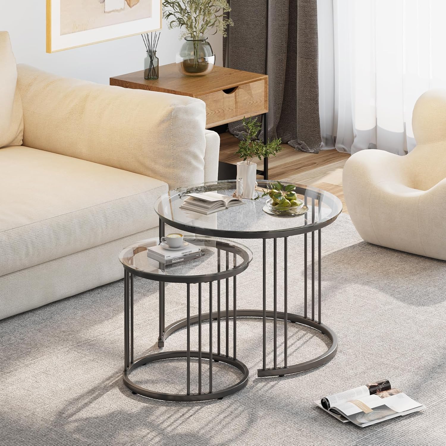 Huhote Set di 2 tavolini rotondi, tavolini impilabili, con struttura in metallo, per soggiorno, camera da letto, balcone, ufficio, appartamento, diametro 60 cm, colore nero con vetro trasparente