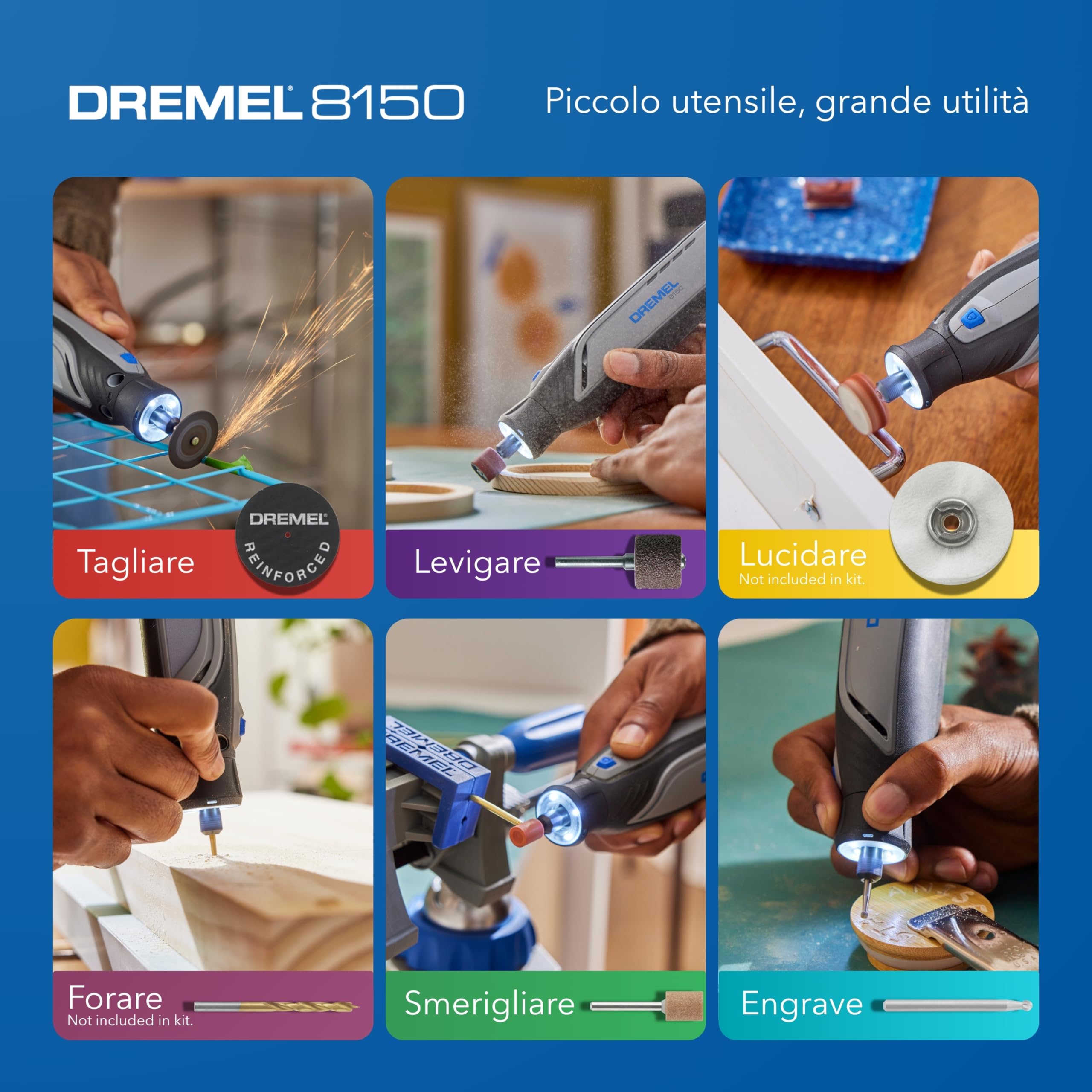 Dremel 8150 Kit utensile rotativo brushless a batteria ricaricabile tramite USB-C da 7,2 V 2Ah, 20 accessori, velocità variabile da 5.000 a 30.000 giri/min, taglio, levigatura, intaglio, smerigliatura