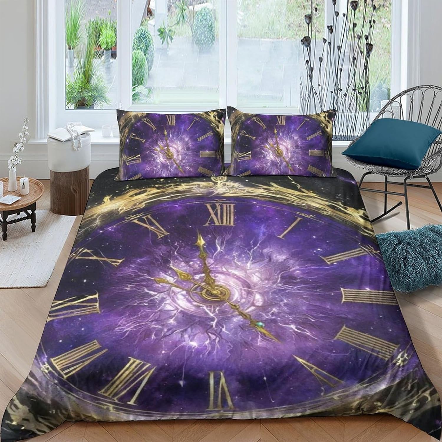 Housse de couette 260x230 cm effet douceur absolue parure lit horloge vintage