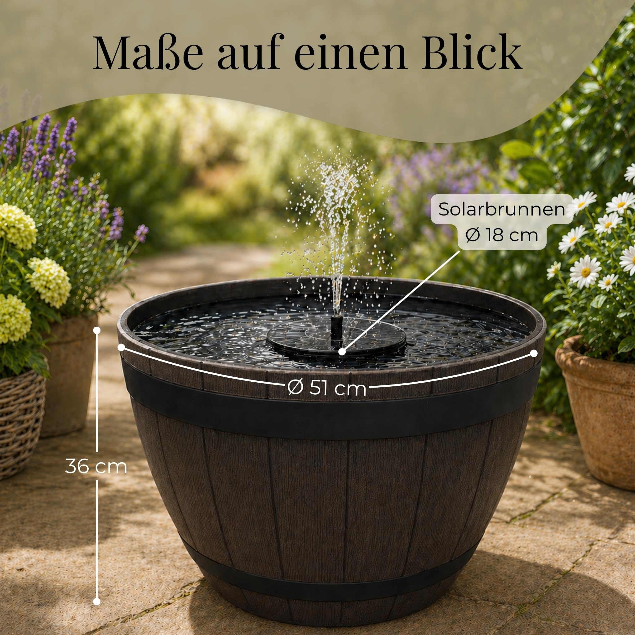 matches21 HOME & HOBBY Outdoor LED Solarbrunnen Set mit Akku - 51 cm Schale Holzfass-Opktik braun mit schwimmender Solarfontäne