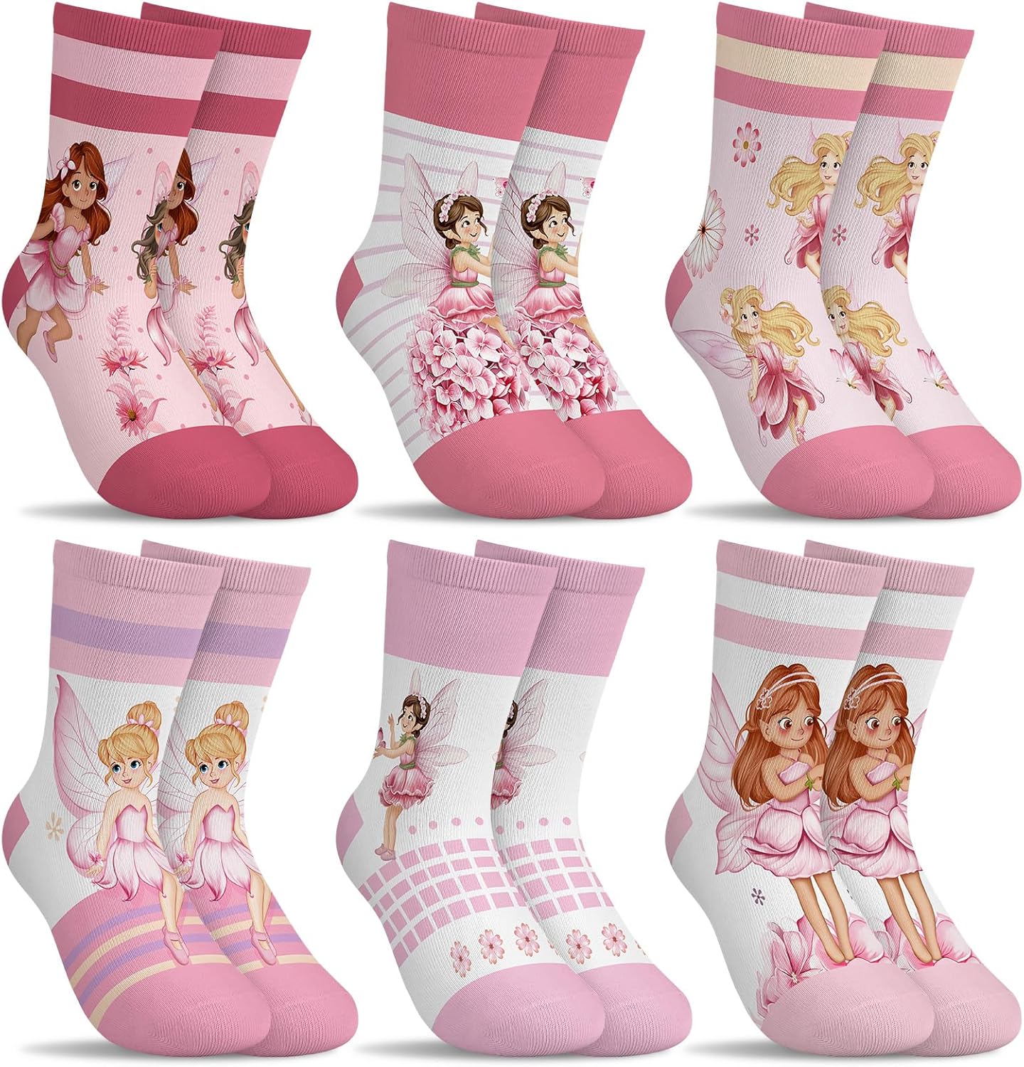 6 Pairs Kids Girls Socks Funny Cartoon Pink Fairy Flower Butterfly White Breathable Crew Sock aged for 1-7 Years