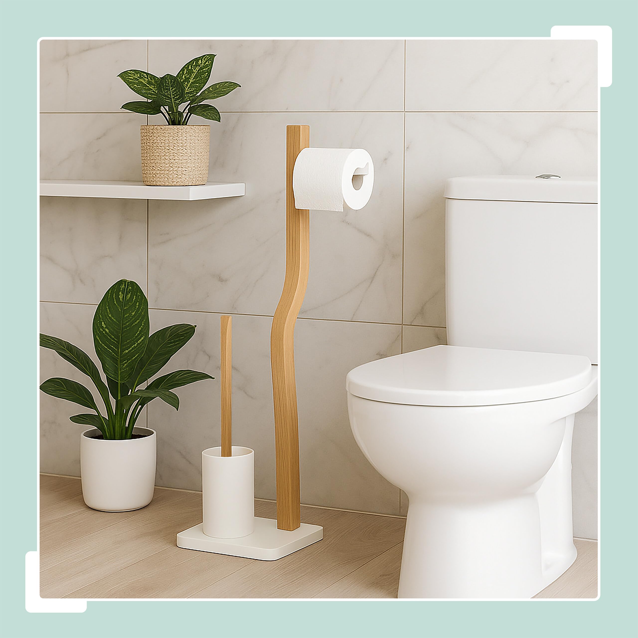 Relaxdays Piantana Portarotolo e Portascopino da Bagno, Rotolo Carta Igienica, HLP: 78,5x23x18 cm, Legno e Ferro, Bianco
