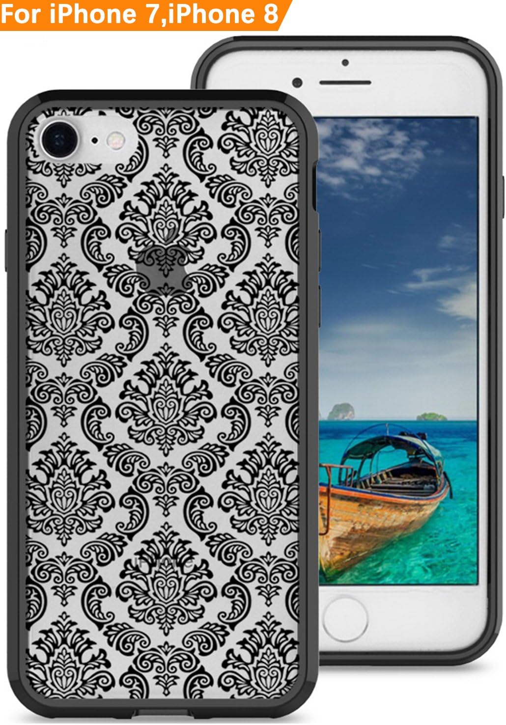 Apple iPhone 8 4.7" / iPhone 7 4.7" Case , Modos Logicos [ Court Lace Pattern ] Hybrid Case , Transparent Hard PC Back Scratch Resistant Plus Soft TPU Frame Shock Absorption Bumper - Black Frame