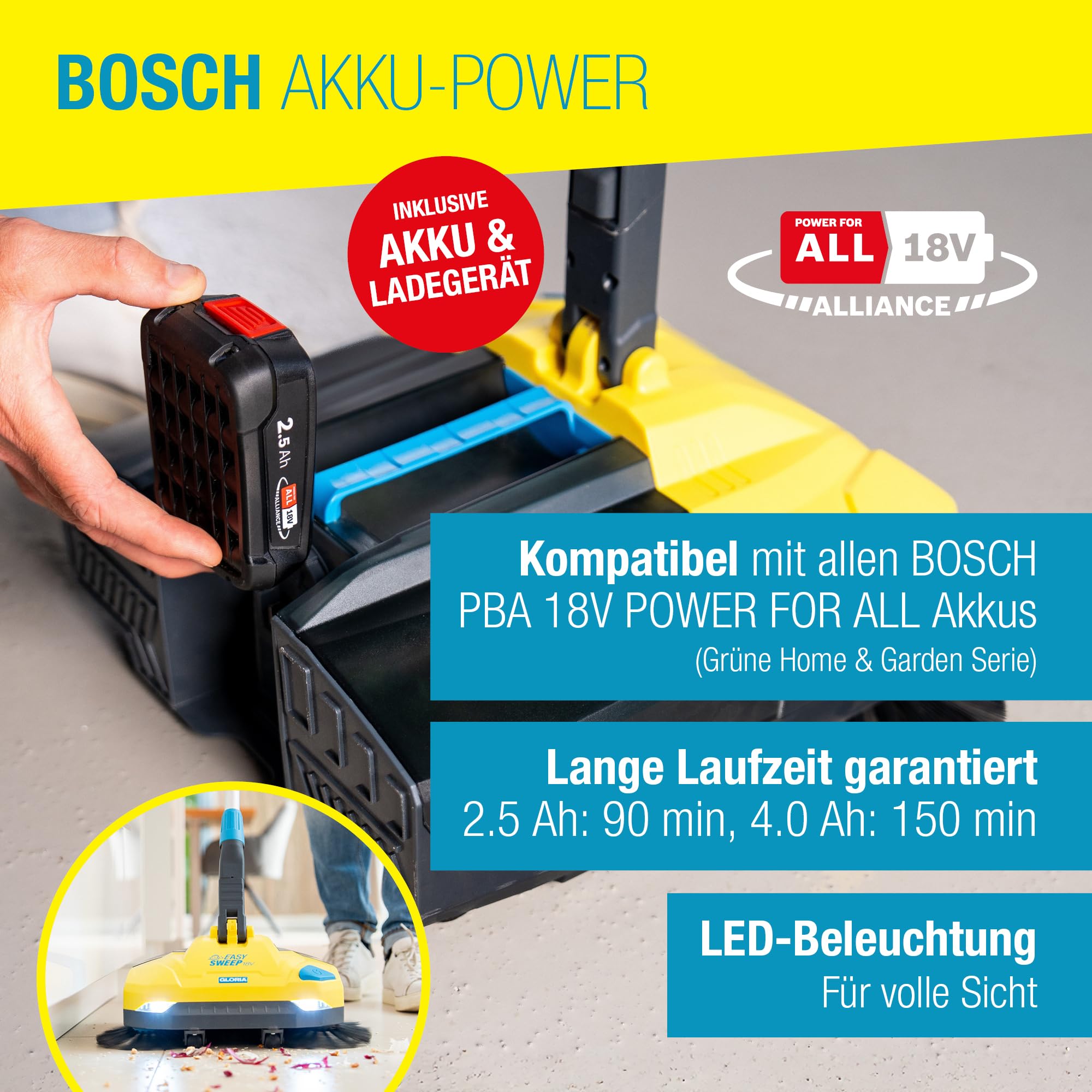 GLORIA Akku-Kehrmaschine EasySweep 18V inkl. Bosch 18V Akku | Elektrischer Akkubesen & Kehrbesen für Indoor & Outdoor | Einfahrt, Gehweg, Terrasse, Garage & Laub | 40 cm Arbeitsbreite & 4,5L Behälter
