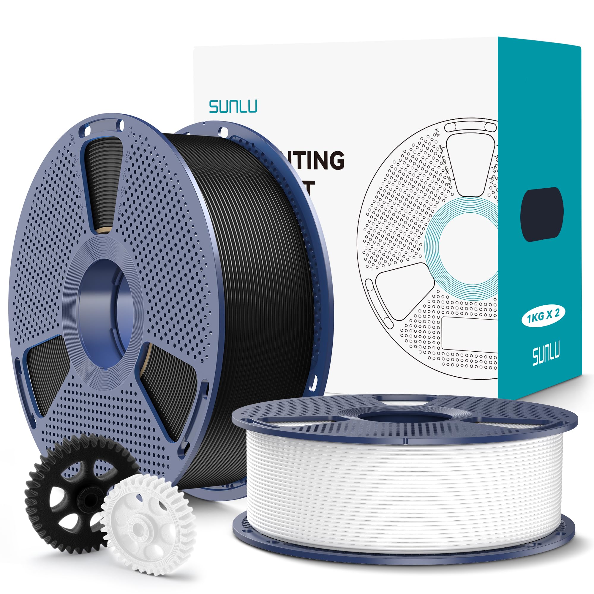 SUNLU PLA+2.0 3D Printer Filament 2KG, Upgrade PLA+ Filament 1.75mm, Tougher and Stronger, Dimensional Accuracy +/-0.02mm, 1KG per Spool, 2 Pack, 2KG Total, Black+White