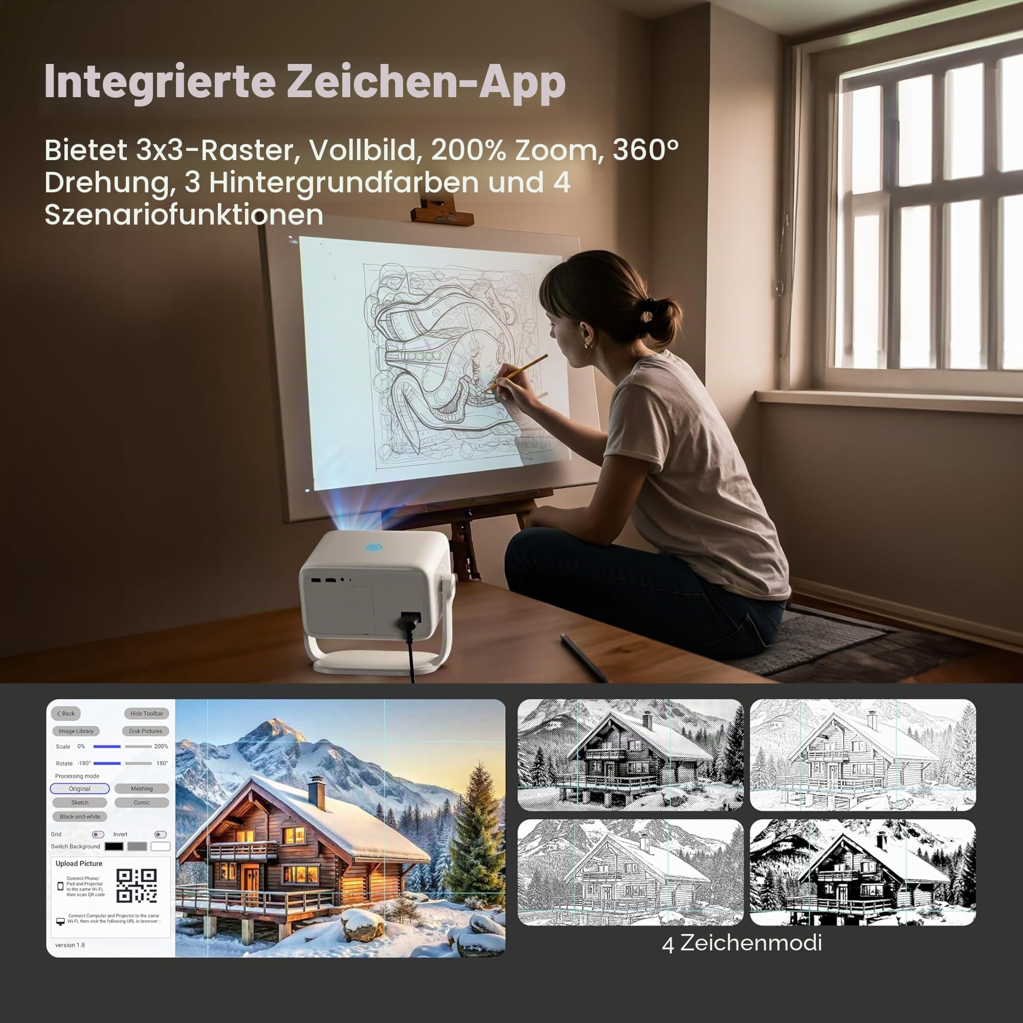 Caydo P3 Kunstprojektor, nativer 1080P Zeichenprojektor für Künstler | Integrierte exklusive Zeichen-App, Autofokus und Trapezkorrektur, 360° drehbarer Standfuß, Projektion von 40″ bis 120″