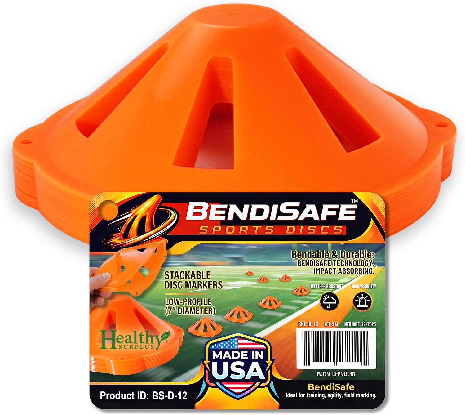 Soccer Training Discs - Flexible Agility Marker Discs for Soccer, Football & Basketball Drills- 7” Base and 2.25” Tall – High Visibility Orange Field Marker Cones - Made in USA - BendiSafe