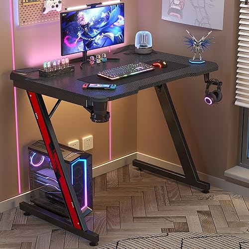 Miniatura 2 de Homall Gaming Computer Desk with Carbon Fiber Surface, Gaming Table Z Shaped Pc Home Office with Cup Holder&Headphone Hook(32 in, Black)