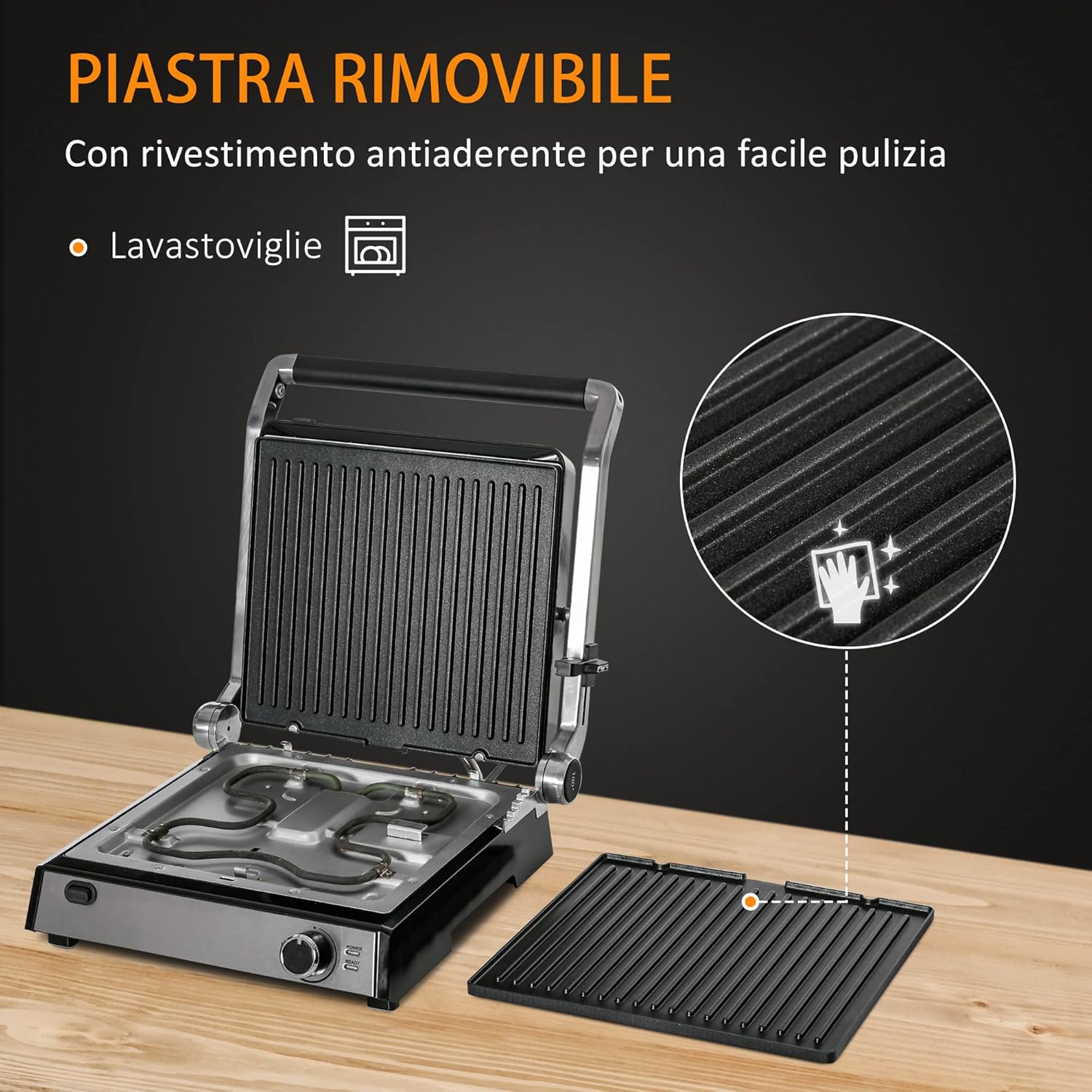 HOMCOM Piastra Elettrica 2000W Apribile a 180° in Alluminio e Acciaio Inox per 4 Fette con Spatola e Vassoio Antigoccia, 29x51.6cm, Argento e Nera