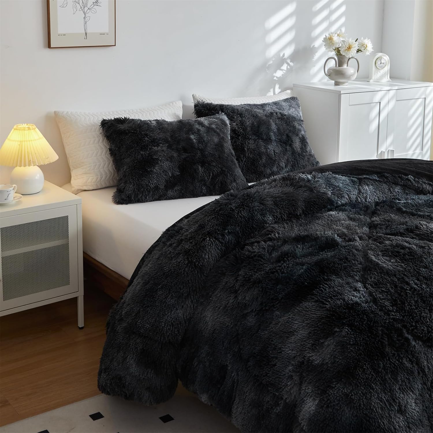 Wajade Faux Fur Plush Black Comforter Set Fluffy Fuzzy Shaggy Bedding Set - 3PC King Size Microfiber Soft Warm Quilt Set - Image 4