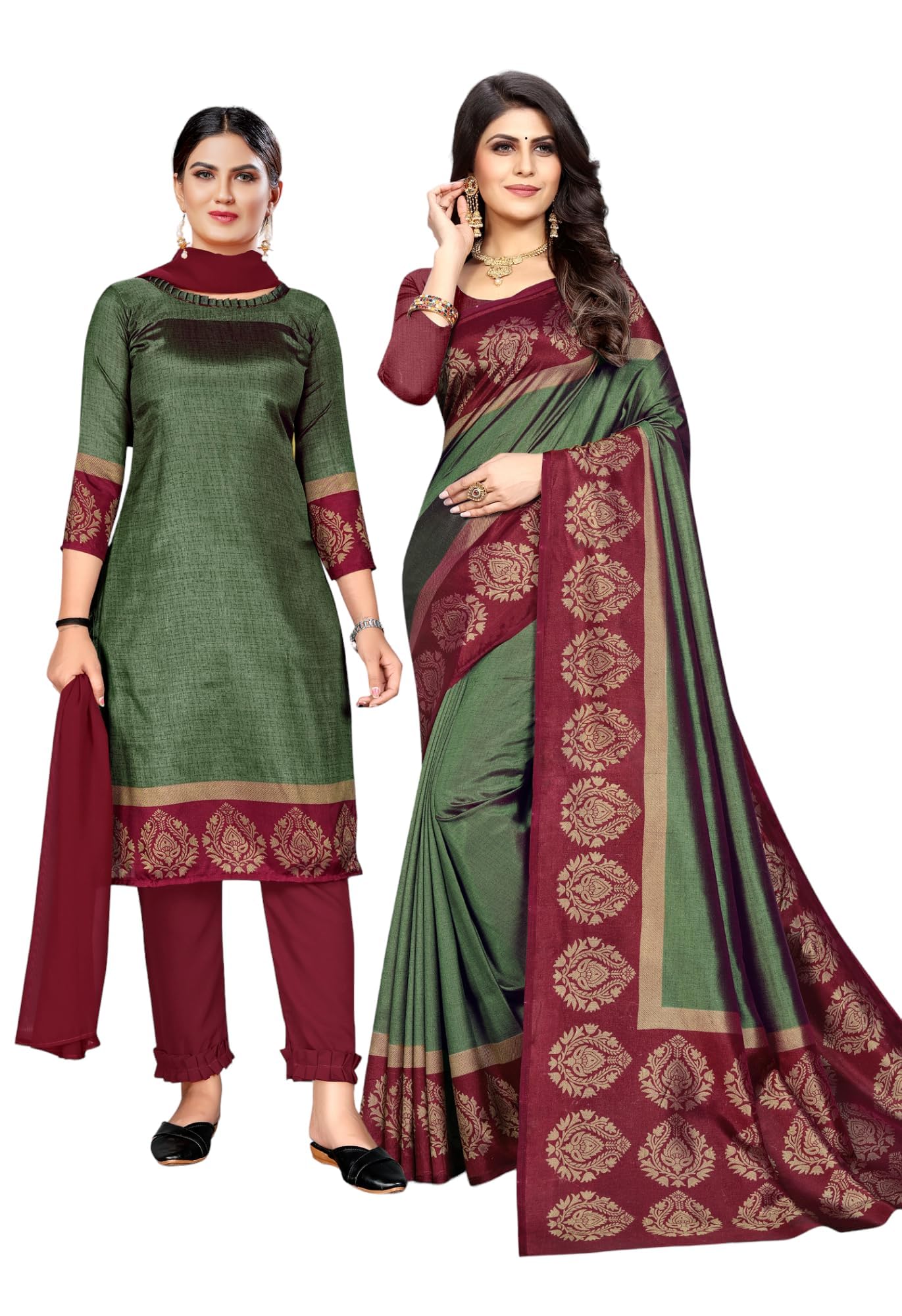 Women's Art Silk Uniform Printed Unstitched Salwar Pant with Dupatta Set and Saree Unstitched Blouse Piece | Office Uniform Saree For Women | School Uniform Saree For Teacher | Combo Pack of 2-image-10