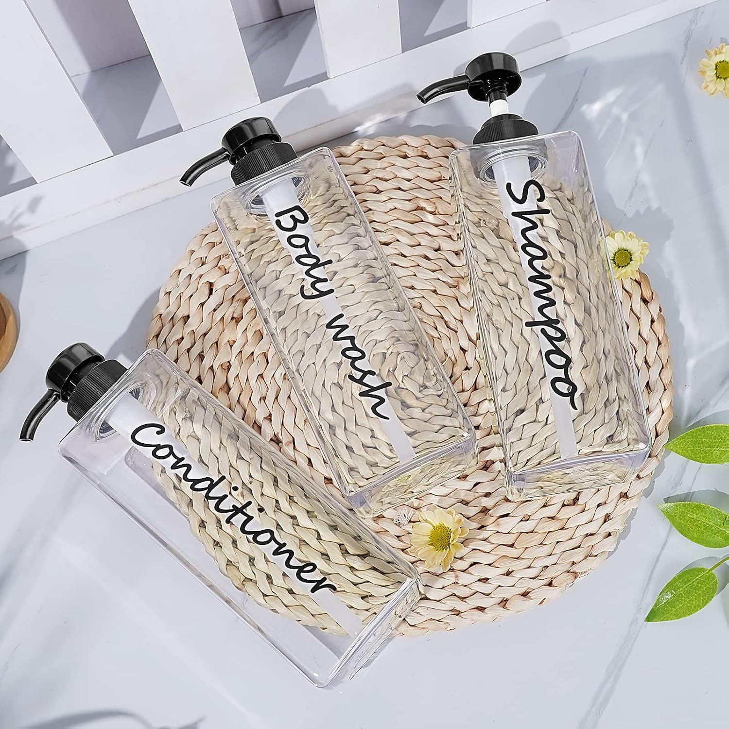 Dispensador de champú, botellas recargables de champú y acondicionador (transparente, juego de 3, 21 onzas) - Botellas de champú modernas para jabón de ducha - Dispensador de champú y acondicionador