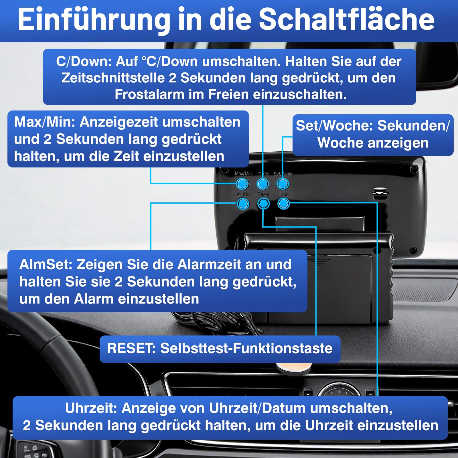 Auto Innen und Außen Temperaturmessgerät, Thermometer Elektronische Uhr Blaue LCD Hintergrundbeleuchtung, für Auto mit Digitalanzeige und Thermometer,temperaturmessgerät innen außen