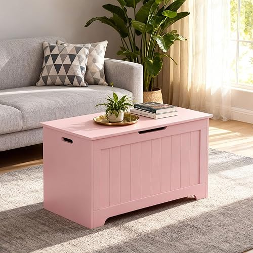 Miniatura 2 de SUPER DEAL Storage Chest, 30 inches Chest Box Organizer with 2 Safety Hinges, Wooden Entryway Storage Bench, Pink Rosa,Marrón,Marrón