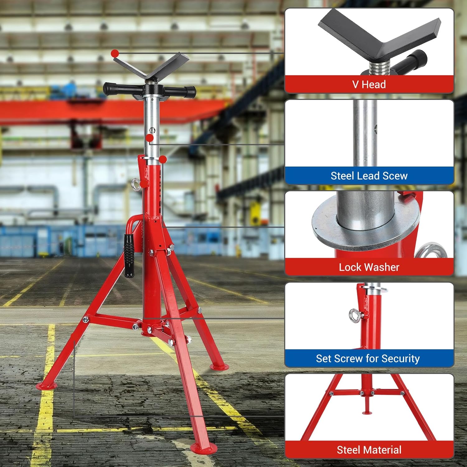 Garvee V Head Pipe Jack Stand Robust Steel Heavy-Duty Construction | 28-52 in Adjustable Height | 2500 LB Capacity | with Portable Folding Legs | Ideal for Welding, Automotive, Construction Projects