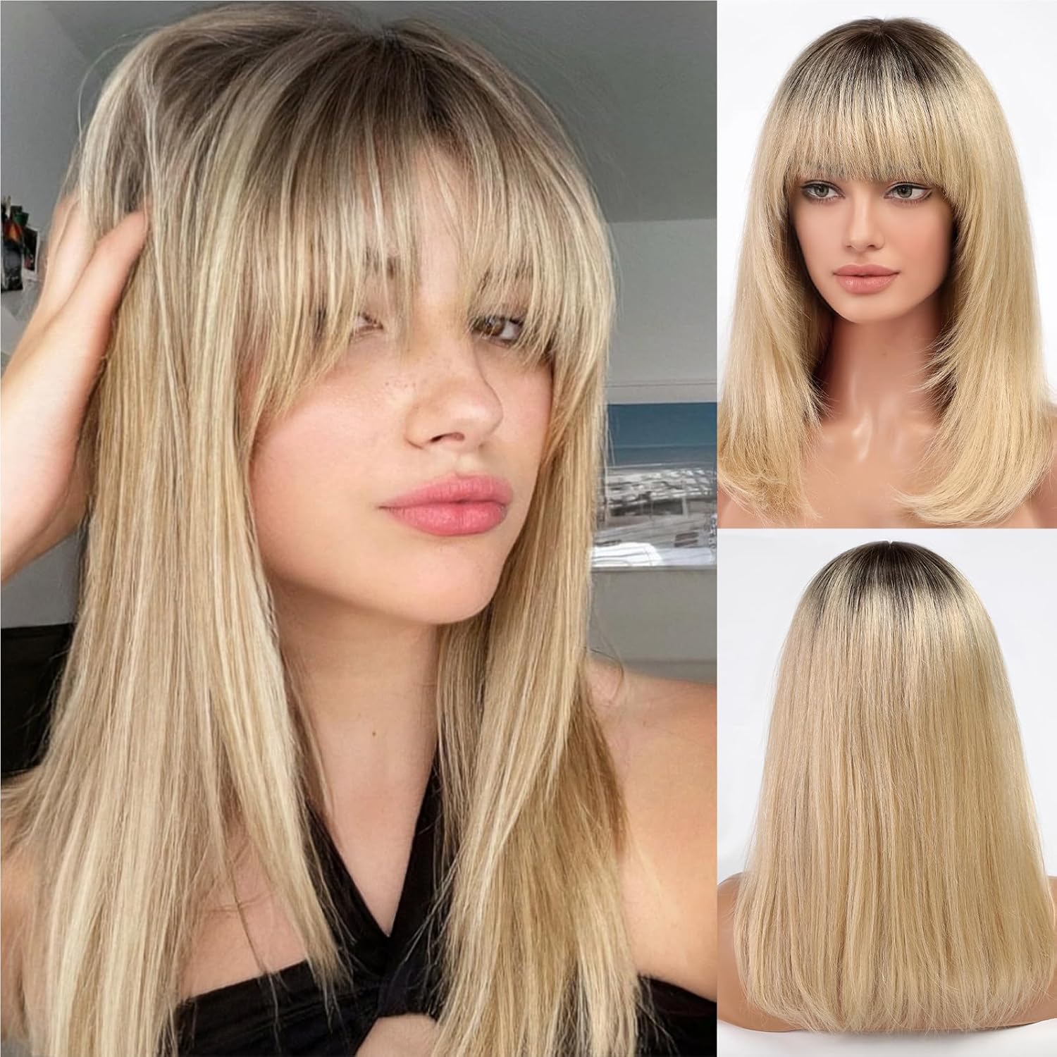 KKU 16 Inch Gradient Blonde Human Hair Wigs for White