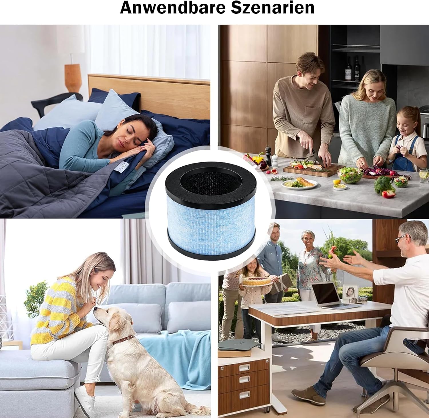 Collage showing an air purifier filter in various home and office settings, including a bedroom, kitchen, living room with pets, and an office