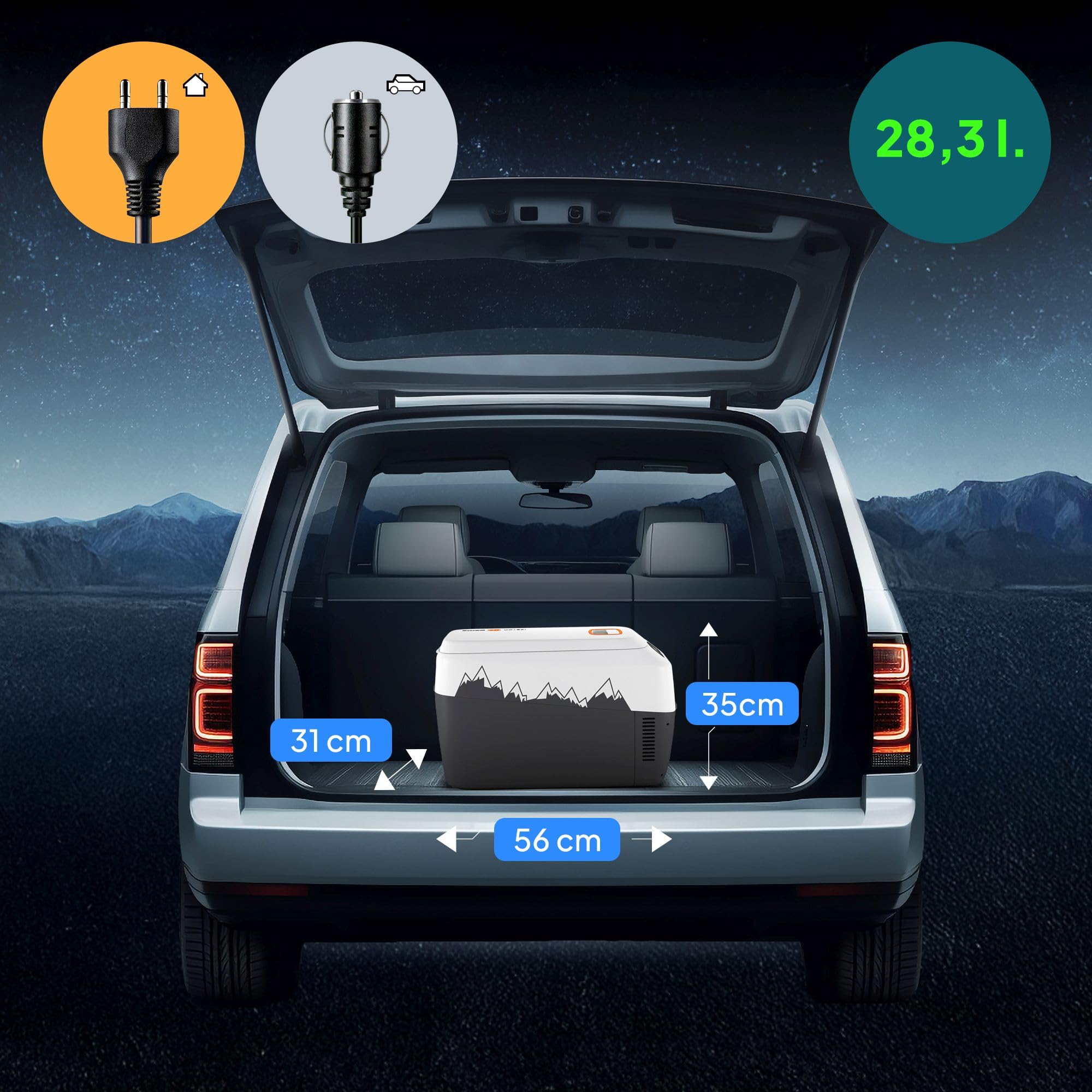 peme Ice On 28,3L – Przenośna lodówka termoelektryczna z wyświetlaczem LCD, portem USB, podwójnym zasilaniem 12V/230V – Idealna na camping, podróże & do samochodu