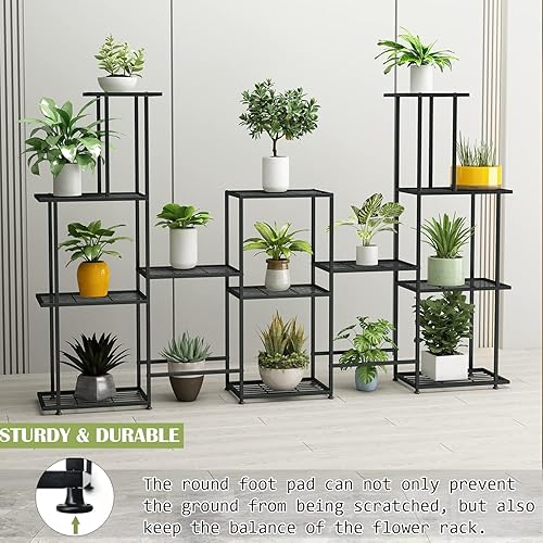 Miniatura 3 de Twhep Soporte alto para plantas de varios niveles, 13 niveles, multifuncional, para plantas de interior, estante decorativo de acero negro para