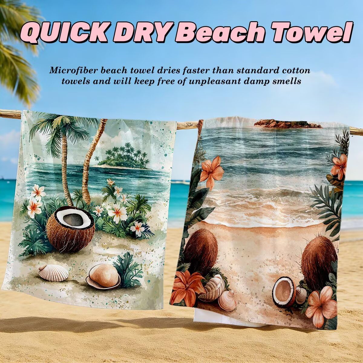 Juego de 2 Toalla Playa Grande 100x200 cm, Secado Rapido Toalla Microfibra Gimnasio, Antiarena Toallas de Playa Coco, Grande Ligera Compacta Toallas Microfibra Mujer Hombre para Viaje Piscina -5096