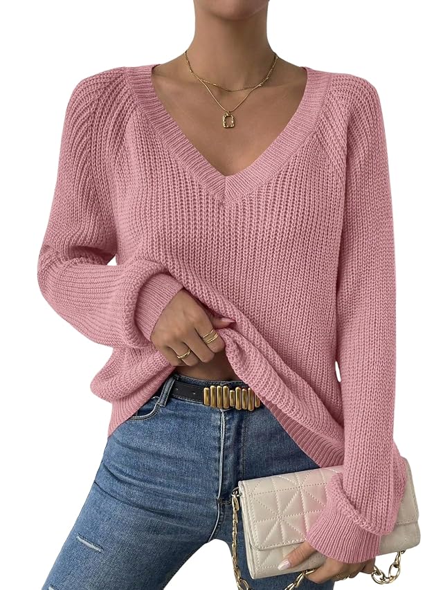 Womens V Neck Raglan Sleeve Ribbed Knit Sweater Long Sleeve Tops Knit Pullover Fall Winter Outfit Loose Fit