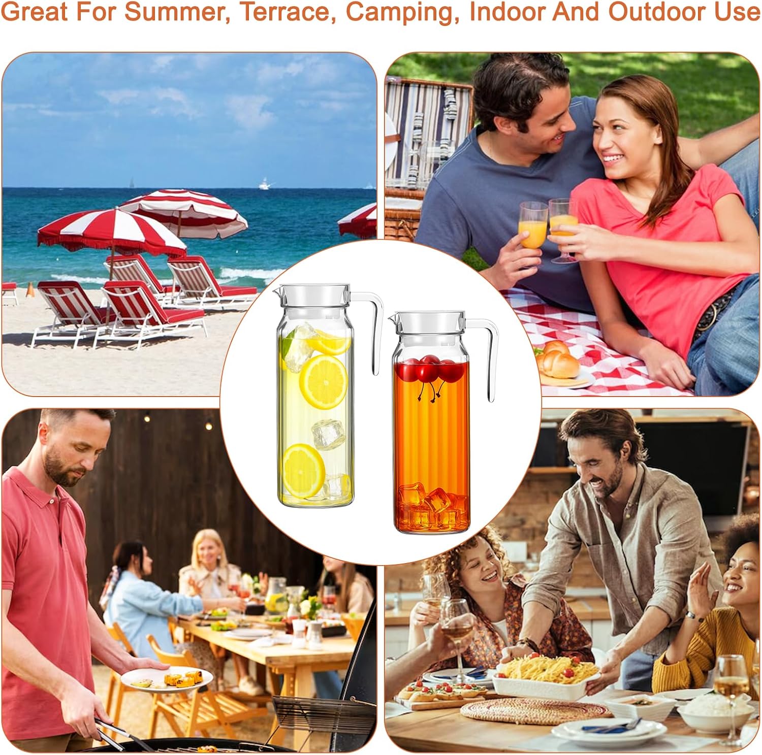 2 Pcs Plastic Pitcher with Lid, 37 oz Clear Acrylic Pitcher, Unbreakable Juice Pitchers for Fridge, Heat-Resistant Plastic Water Pitchers for Tea, Sangria, Lemonade, Juice, Milk, Stripe - Image 7