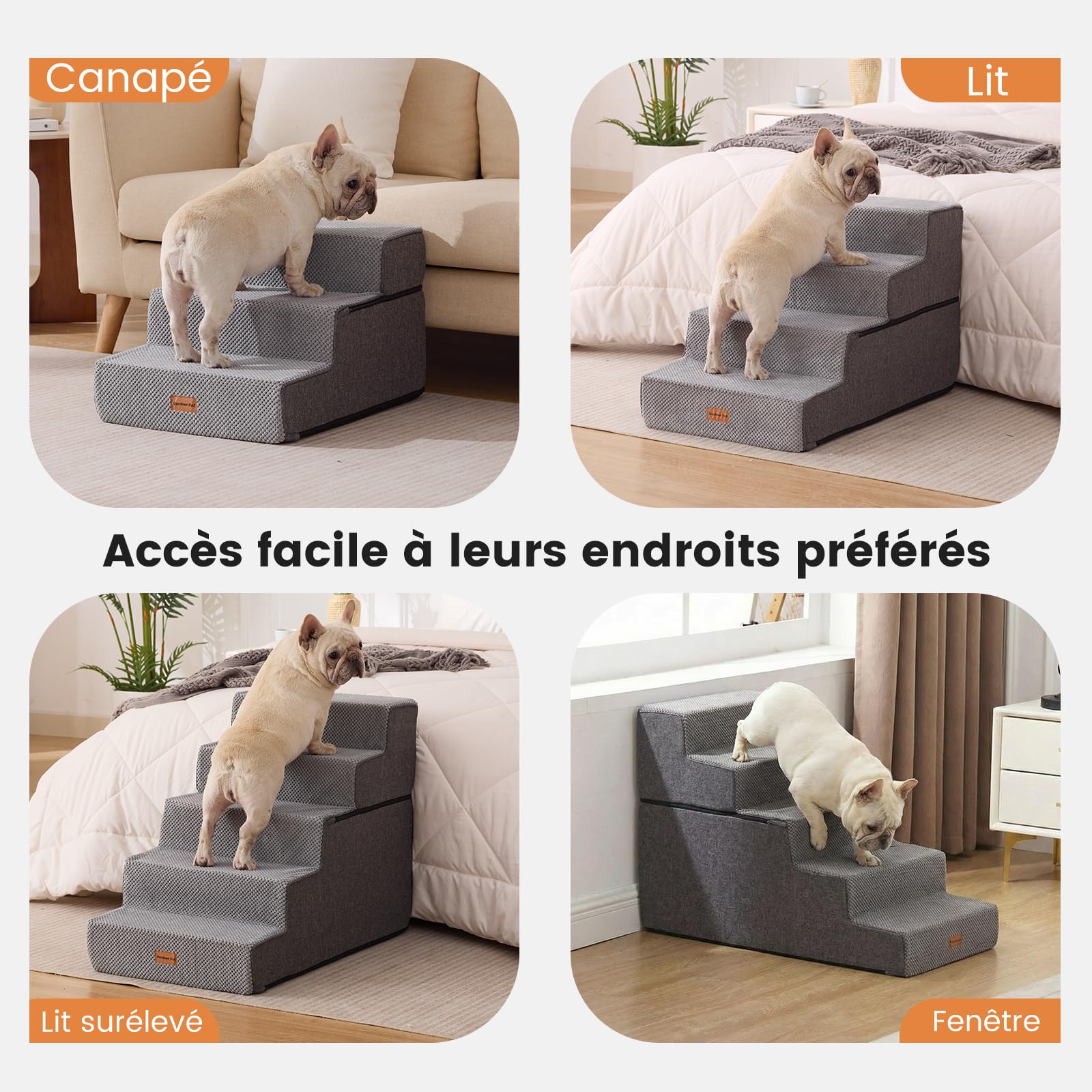 Gardner Pet Escaliers pour Chiens à 3 Marches en Éponge Haute Densité, Échelle Large pour Animaux de Compagnie avec Housse Amovible, Escaliers Chien Antidérapant pour Monter Canapé et Lit -Gris