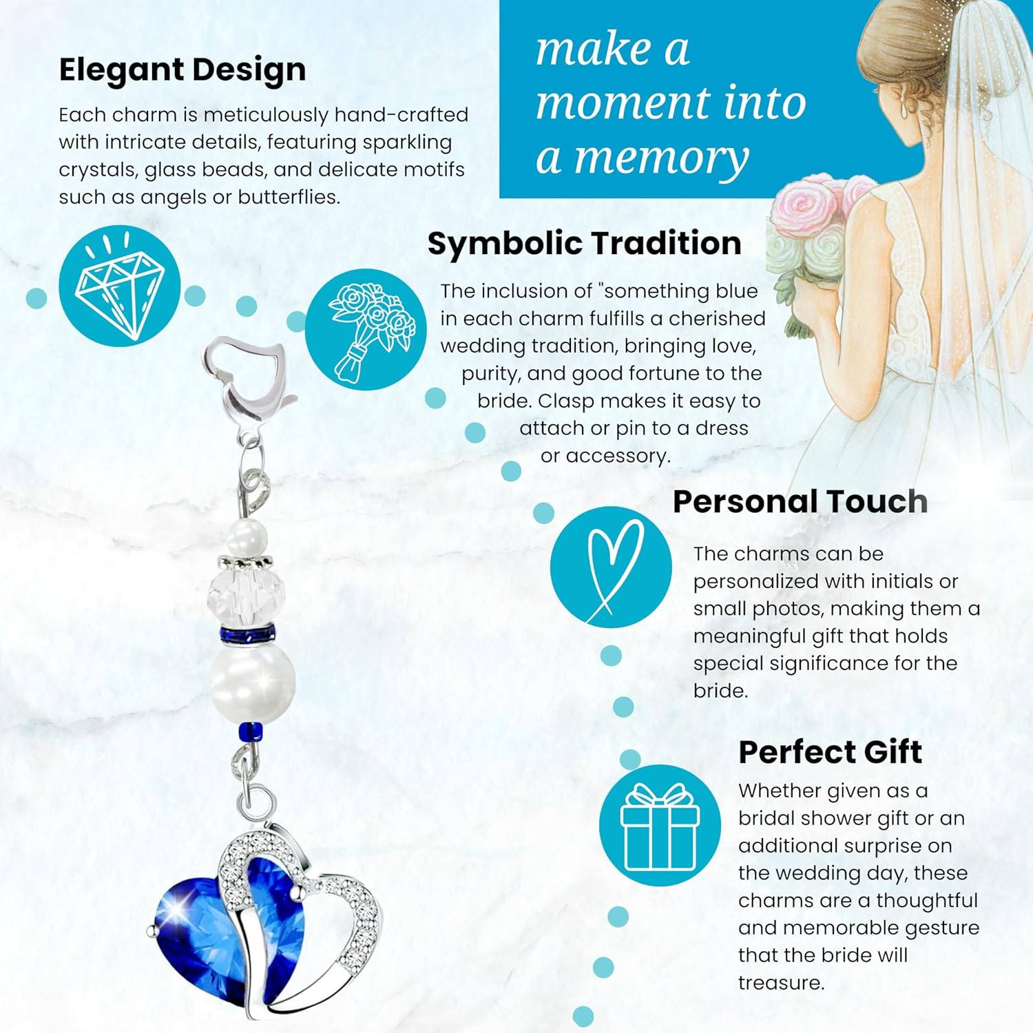 Gutsy Goodness Something Blue Heart Wedding Bouquet Charm Gift For Bride, Handmade Silver Tone Sparkling Tradition Pendant, Jewelry Travel Pouch Accessory Set Sentimental Card, Bridal Shower Idea - Image 7