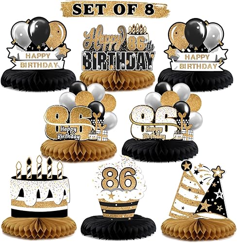 Miniatura 129 de LINGTEER Decoración feliz 50 cumpleaños negro y dorado de papel para mesa - Juego de centros de mesa con estrella de pastel y globo, 8 piezas