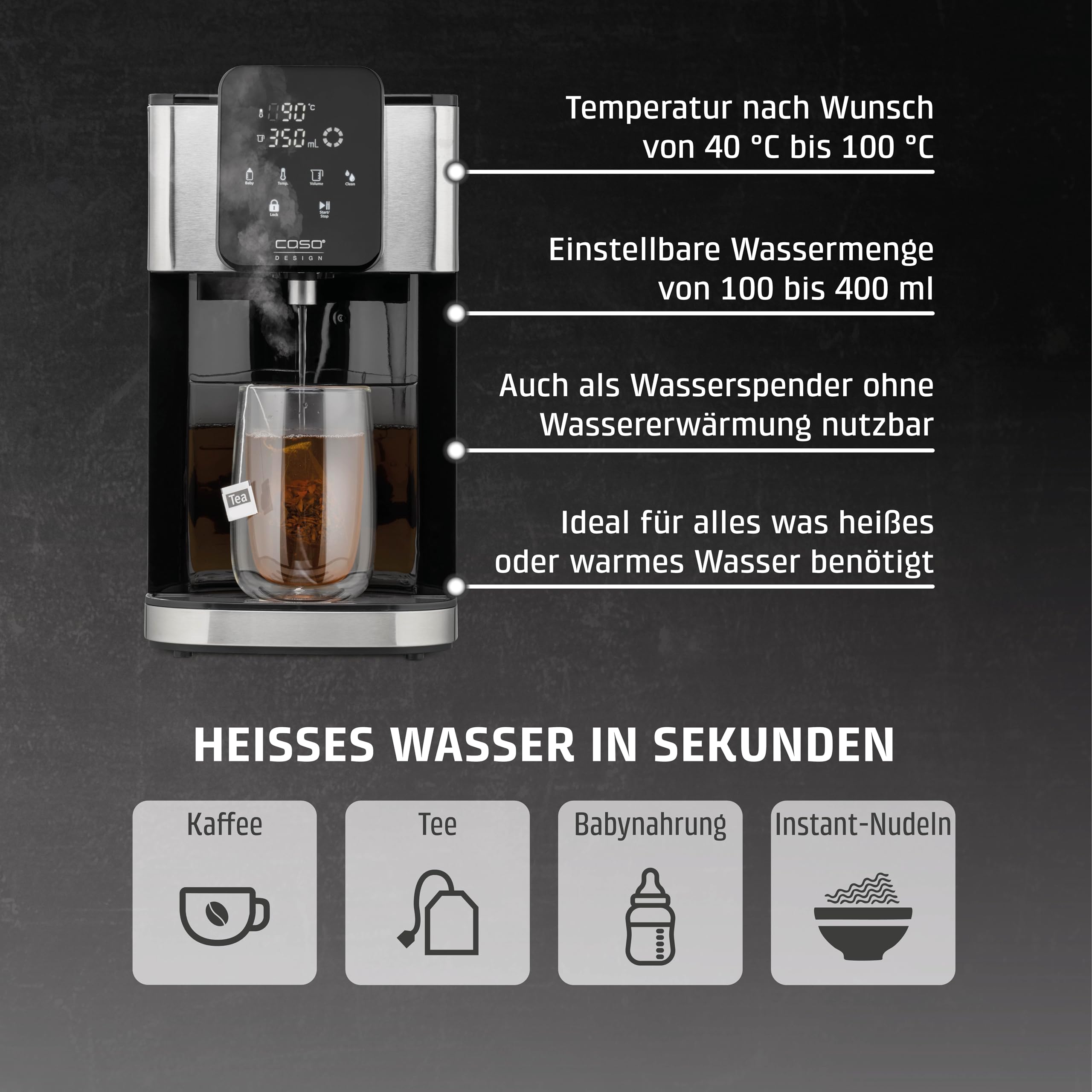 Caso HW 1660 - Turbo Heisswasserspender, heißes Wasser in wenigen Sekunden (40-100°C), 2600 Watt, extra großer 4 Liter Wassertank, Direktwahltaste für Babynahrung (37°C), energiesparend