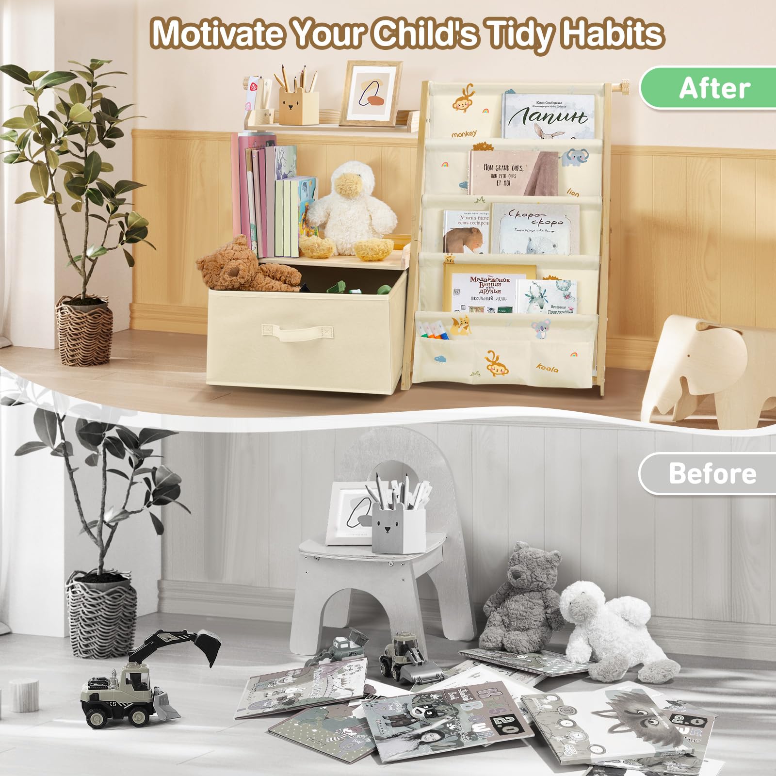 Libreria Montessoriana per Bambini Bambina, Scaffale per Giocattoli, Legno Massiccio Montessori Scaffale Libreria 85 * 69.5 * 34.5cm - Animali della Giungla