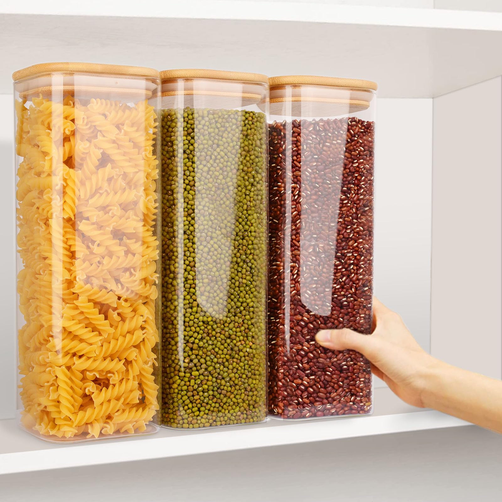 FINEW Set de 3 tarros de almacenamiento de vidrio con tapa de 2100 ml, tarros de almacenamiento cuadrados, grandes recipientes herméticos de vidrio, tarros de especias para cocina de espaguetis