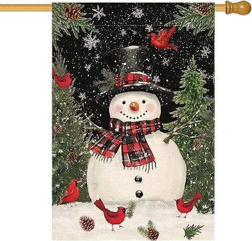 Miniatura 11 de AVOIN colorlife Muñeco de nieve azul con bufanda Bandera de jardín de Navidad 12x18 pulgadas de dos vistas, Bandera decorativa de patio de invierno