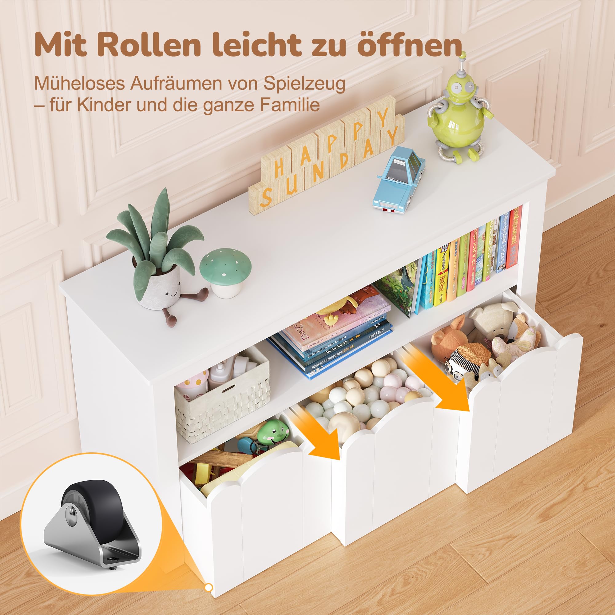 YOUDENOVA Kinderregal, Kinderzimmer Möbel mit 3 Boxen, Spielzeug Aufbewahrung auf Rollen, 102,2x33x61,5 cm, Aufbewahrung Kinderzimmer für Bilderbücher, Geschichtenbücher und Spielzeug, Weiß