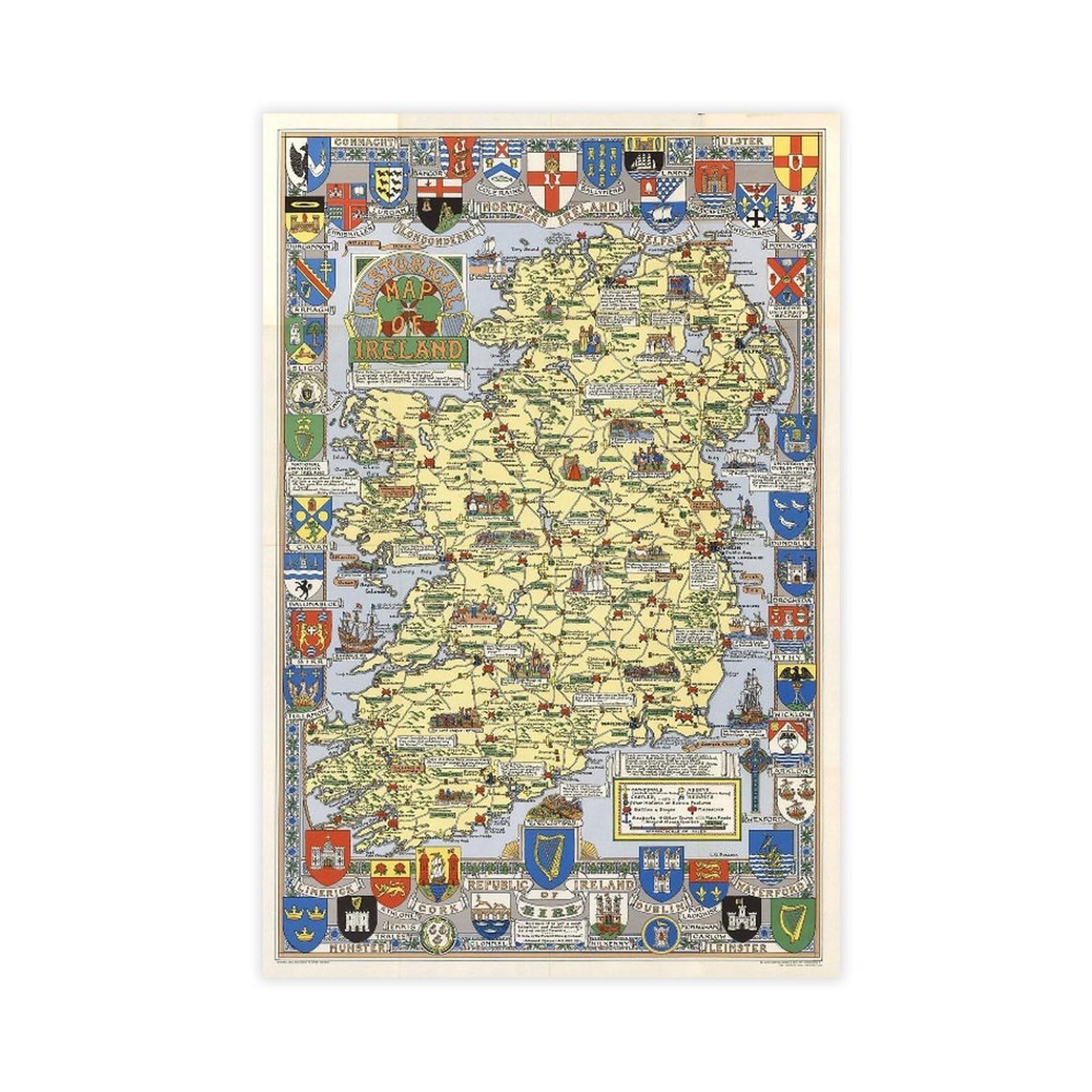 Gieig Unframe Historical Map Of The History Of Ireland - Irish Map Poster Wall Art Canvas Bedroom Decor Office Room Kitchen Decor Gift 20X30inch(50X75cm)