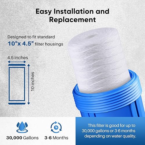 Miniatura 7 de 5 Micron 4.5" x 10" Whole House String Wound Sediment Filter for Well Water, Replacement Cartridge for 84637, WPX5BB97P, PC10, 355214-45, 355215-45,