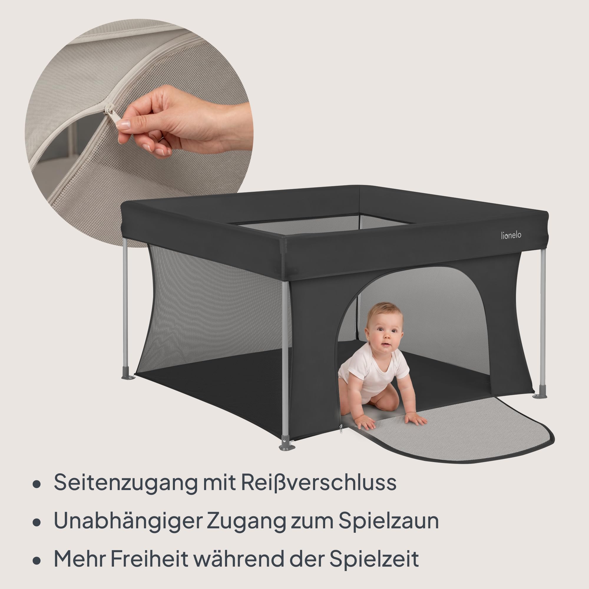 LIONELO Paco Baby Laufstall Faltbar 111 x 111 cm, Kompaktes Laufgitter für Zuhause und Reise, ab Geburt bis 4 Jahre, 4,1 kg, Mit Tragetasche, Netzseiten, Seiteneinstieg, bis 15 kg
