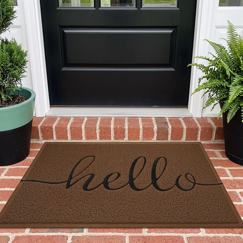 Capacho EARTHALL Hello para Entrada, Antiderrapante e Lavável, 91,4 x 61 cm, Marrom-Escuro