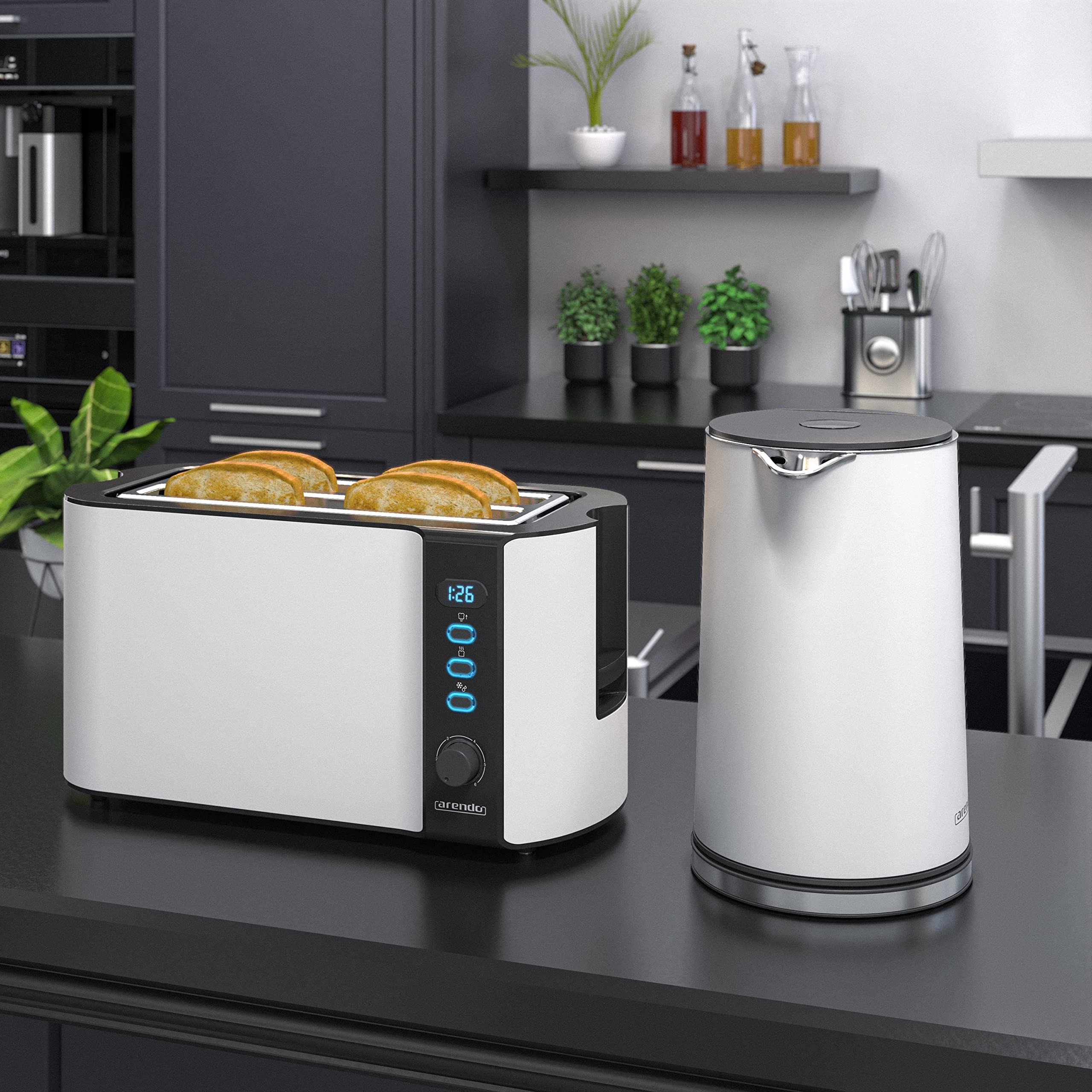 Arendo Wasserkocher mit Toaster SET Edelstahl Weiß matt 1,5L 40-100°C Warmhaltefunktion 4 Scheiben LED-Display 6 Bräunungsgrade