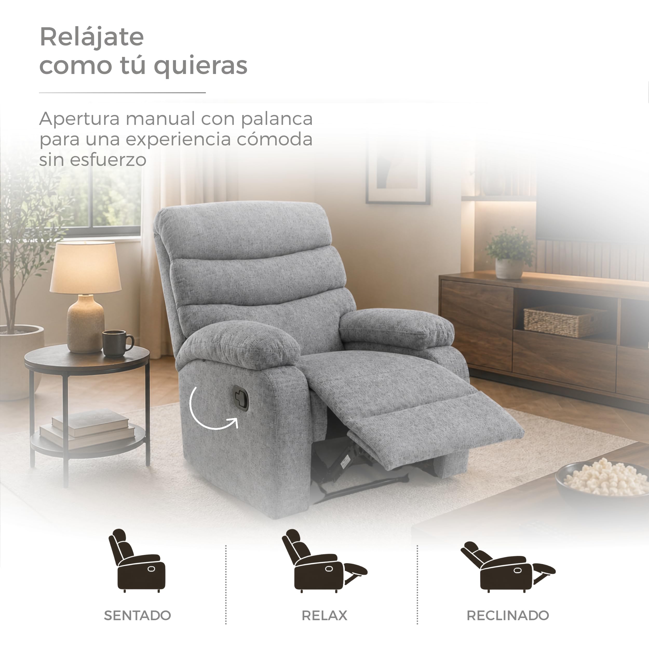 DESCANSIN - Sillon Relax Reclinable Manual con Palanca | Tapizado Tela Suave Antimanchas | Sillón Relax Asiento Firme y Respaldo Mullido | para 1 Persona | Relleno Resistente y Adaptable (Gris Claro)