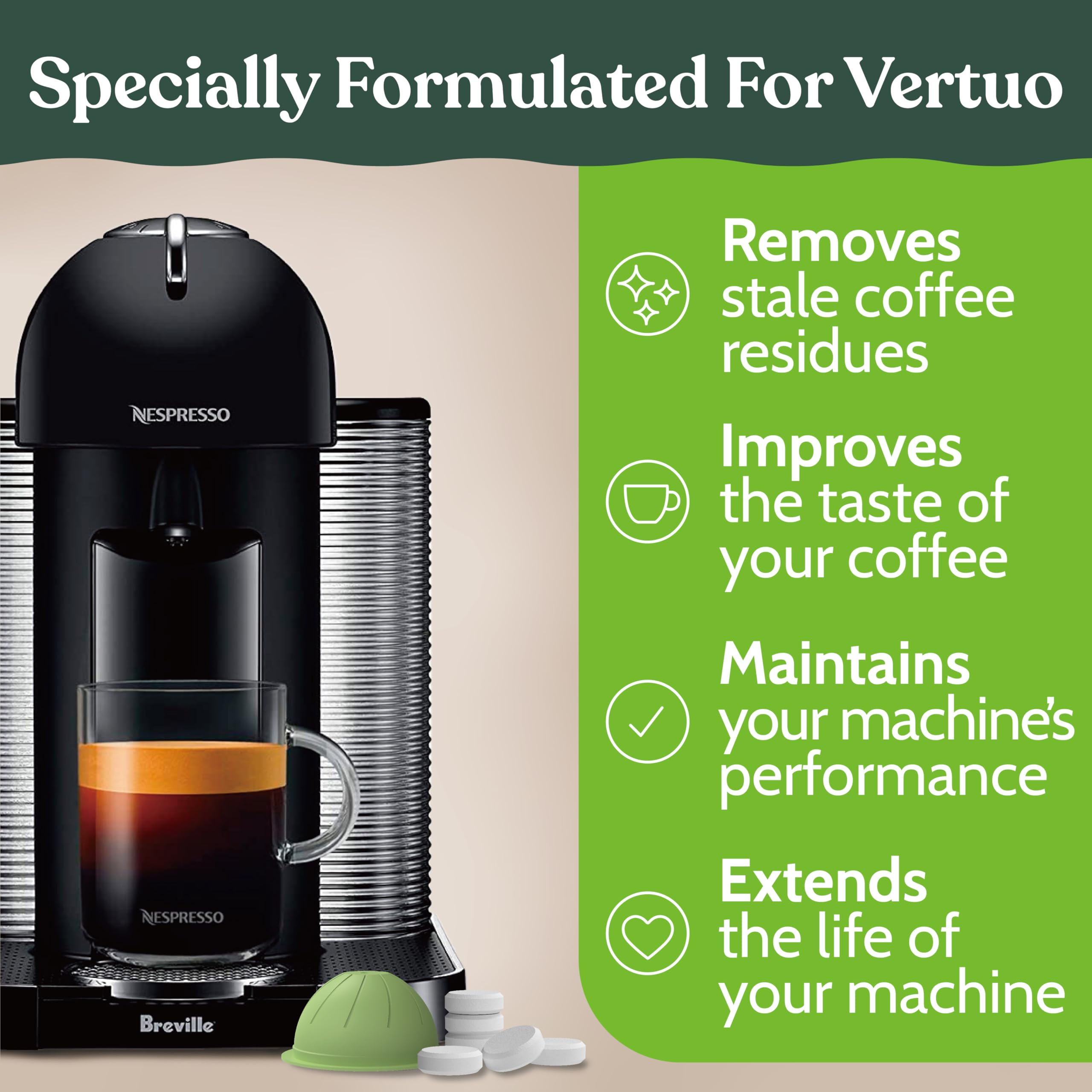 Roobi Cápsulas de limpieza compatibles con Nespresso Vertuo | Incluye 1 cápsula reutilizable y 12 tabletas de limpieza, carbono neutro, suministro de 1 año