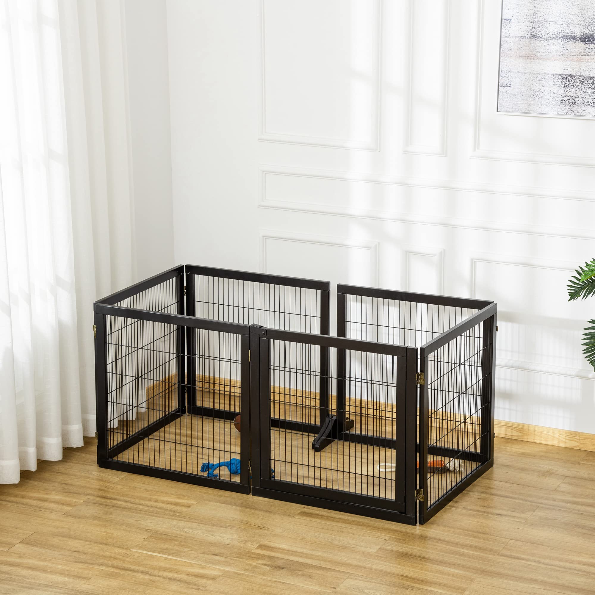 PawHut Puerta de seguridad Barrera para perros Puerta de seguridad con reposapiés Puerta para perros Puerta de seguridad para chimenea y estufa, plegable bidireccional Madera de pino Metal Negro 432 x