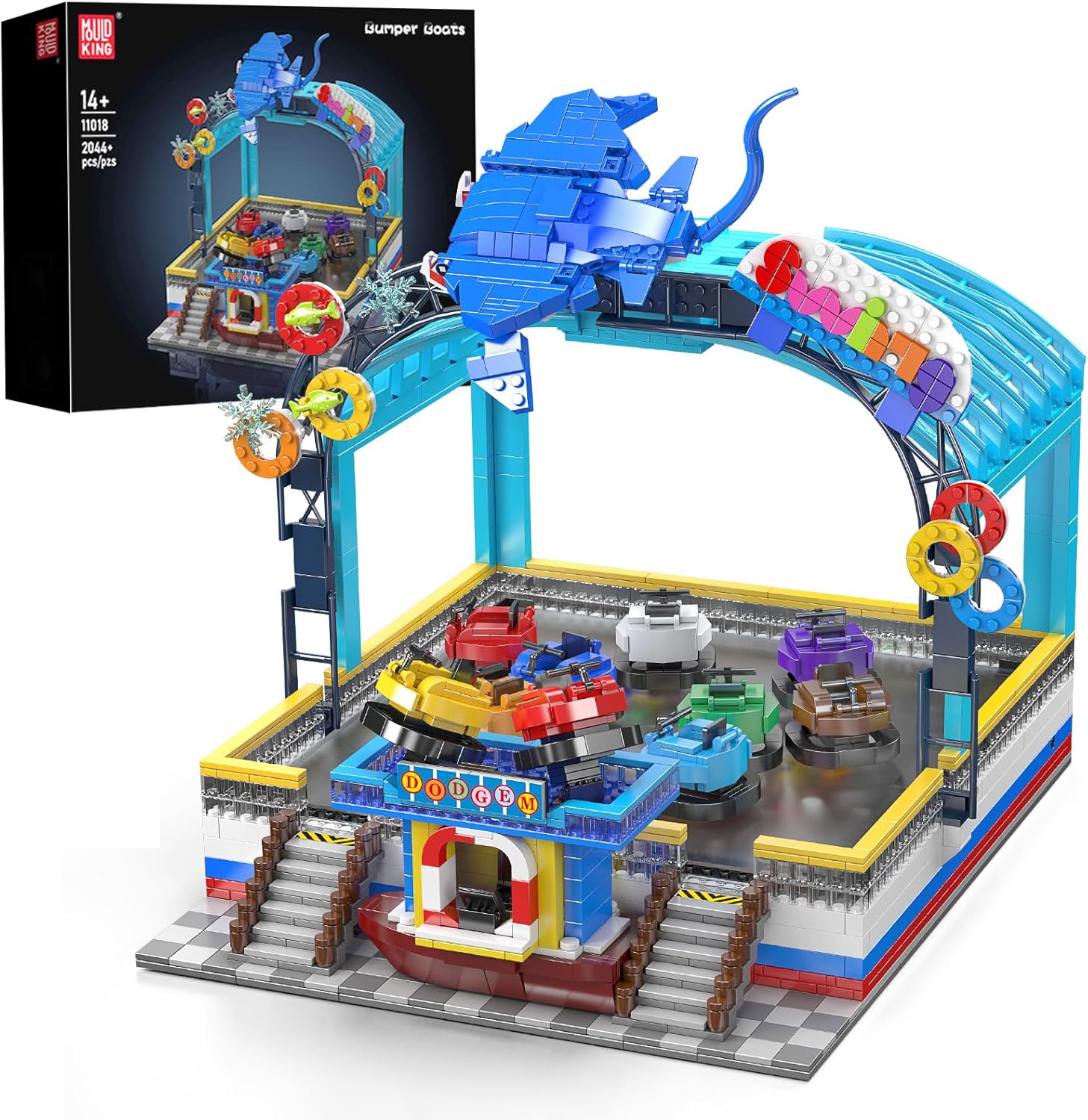 Mould King Bumper Boat Building Blocks Set, 2044+ Pcs Amusement Park Model Kit with Manta Ray Model, Engineering City Building Set That Run, Collectible Gift for Teens, Adults