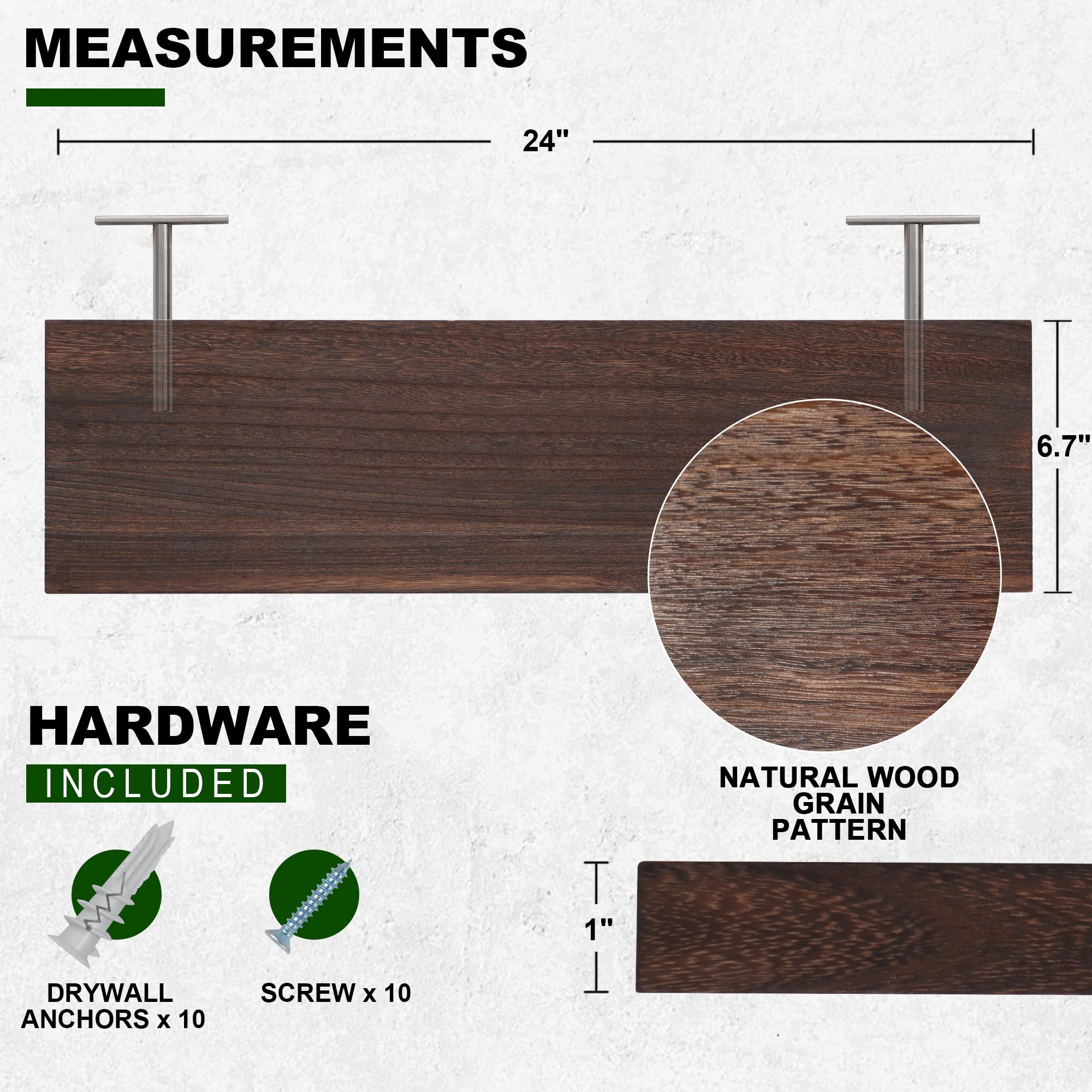 Marsmiles Floating Shelves, 24 Inch Wall Shelf Set of 2, Rustic Wood Shelves for Wall Storage, Wall Mounted Wooden Display Shelf for Bathroom Bedroom Kitchen Garage, Rustic Brown